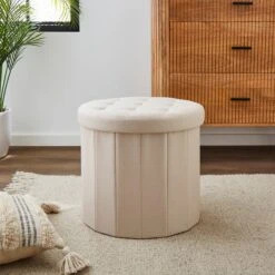 Round Shoe Storage Ottoman, Cream