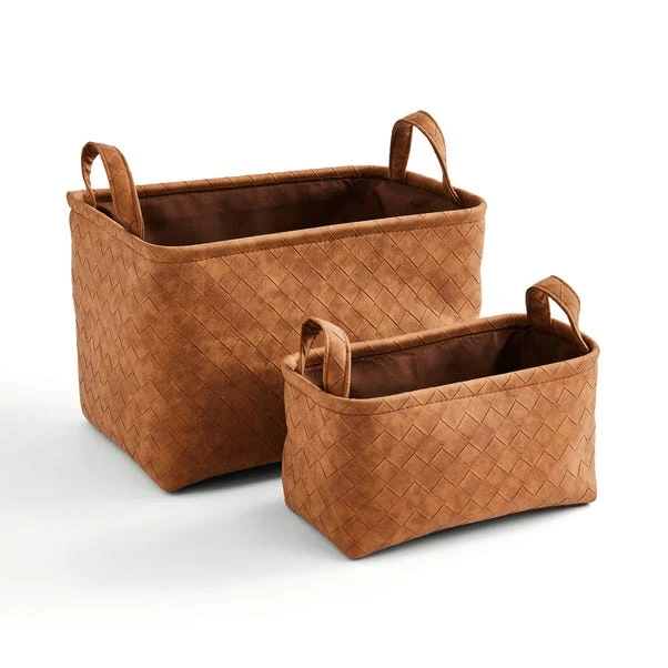 Artisan Faux Leather Baskets Set Of 2 Brown 4 Artisan Faux Leather Baskets Set Of 2 Brown - Image 2