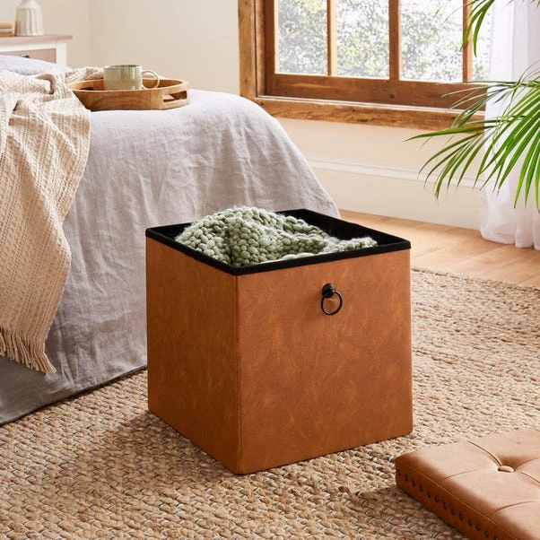 Faux Leather Cube Ottoman, Tan 4 Faux Leather Cube Ottoman, Tan - Image 2