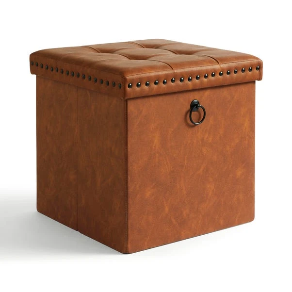Faux Leather Cube Ottoman, Tan 5 Faux Leather Cube Ottoman, Tan - Image 3