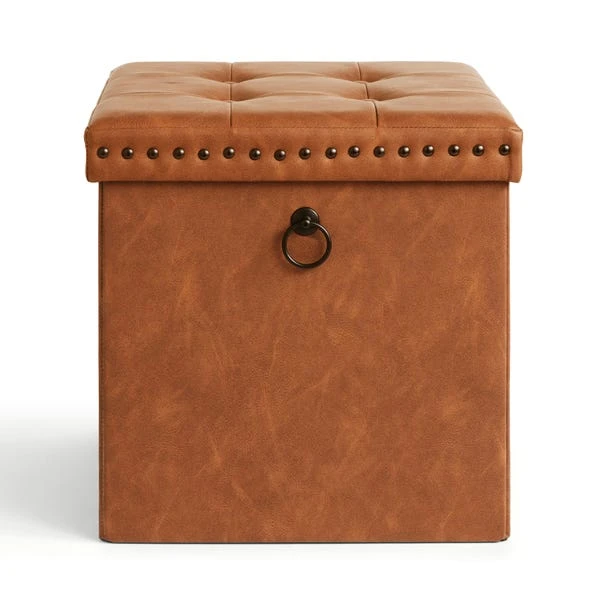 Faux Leather Cube Ottoman, Tan 6 Faux Leather Cube Ottoman, Tan - Image 4