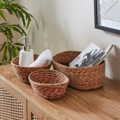 Set Of 3 Oval Multicoloured Seagrass Baskets